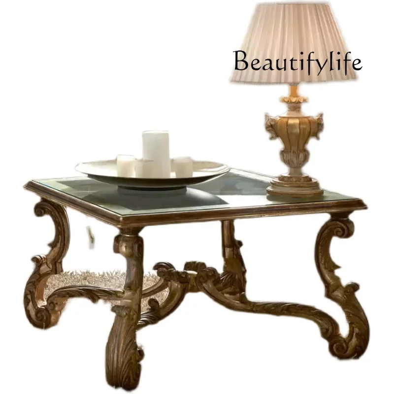 

French country style solid wood coffee table hand-carved art design coffee table white old