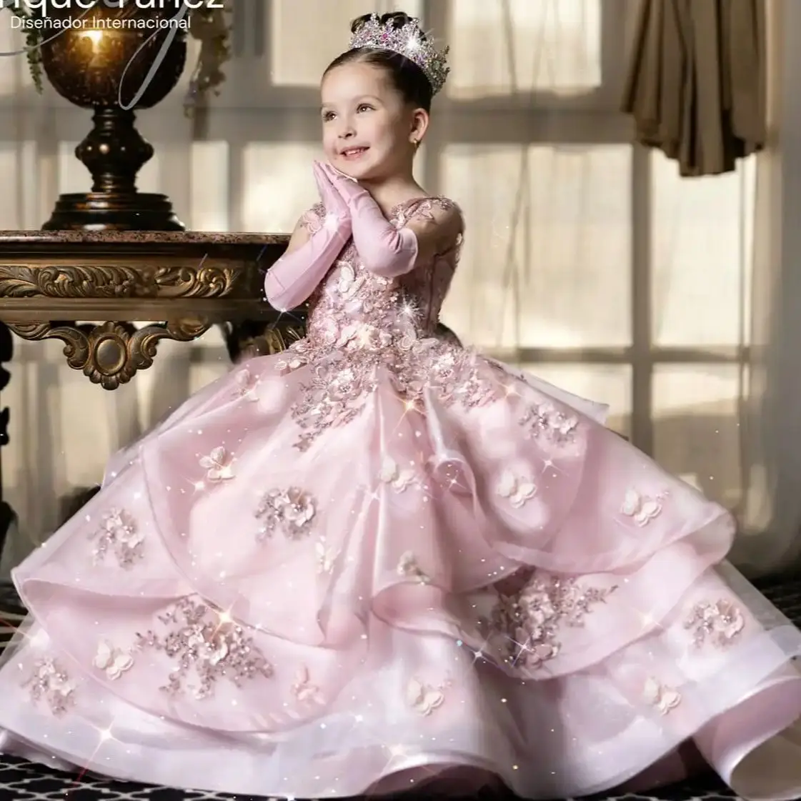 สีชมพูดอกไม้สาวชุดที่กําหนดเองเด็กชุดเจ้าหญิงวันเกิด Party Gowns Quinceanera Litter สาวประกวดชุด