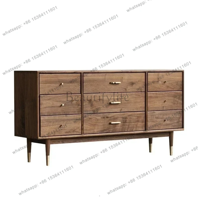 

Nordic Solid Wood Copper Feet Nine-Drawer Cabinet Black Walnut Bedroom Storage Cabinet Living Room