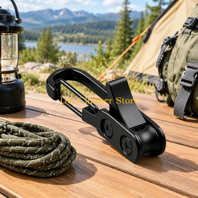 Q84C Outdoor Rope Manager Roller Tightening Tool for Hiking and Picnics, with Spring-Gate Clip and Grooved Guide Wheel for