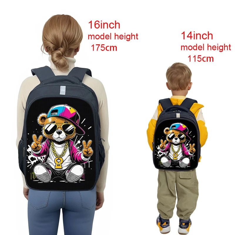 Cute Cartoon Bear Doll Print Backpack Women Men Rucksack with Reflective Stripe Student School Bags for Teenager Daypack Bookbag