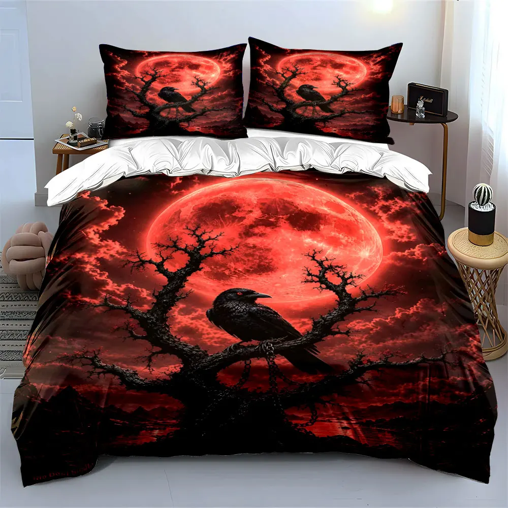 Dark Gothic Moonlit Raven Tree Print Bedding Set 1 Duvet Cover 2 Pillowcases for Adult and Children Luxury Gift Full Size