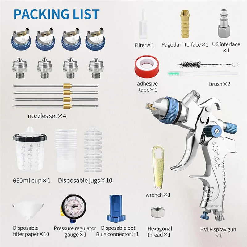 مسدس رش هواء ABDJ-HVLP مع فوهات 1.4/1.7/2.0/2.5 مم وأكواب خلط 650 سم مكعب، بخاخ طلاء للسيارات