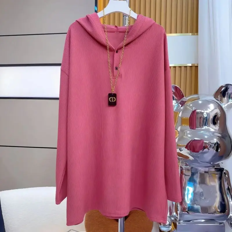 Spring Autumn New Women\'s Plus Size Solid Color Hooded Casual Long Sleeve Fashion Simplicity Stripe Loose Versatile T-shirt Top
