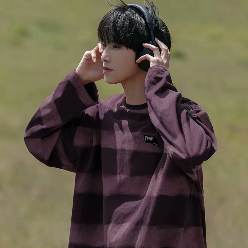 

Men Striped Long Sleeve T-shirt Spring Autumn Casual Loose Crewneck Tops Harajuku Streetwear Couple O-neck Base Shirt Plus Size