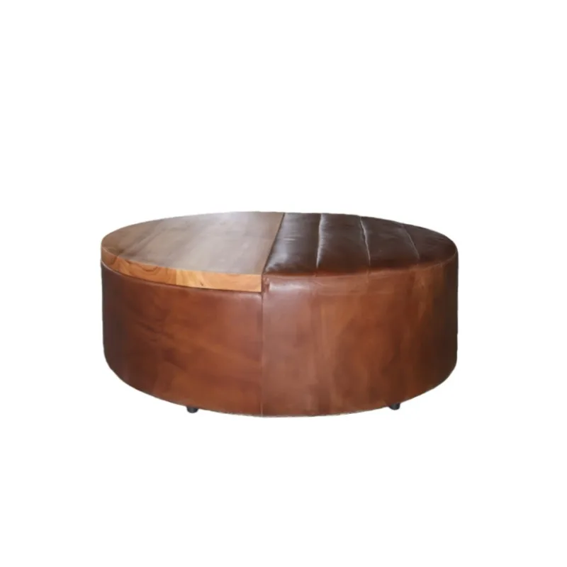 Coffee table American ottoman set Solid wood frame Brown real leather table top round coffee table