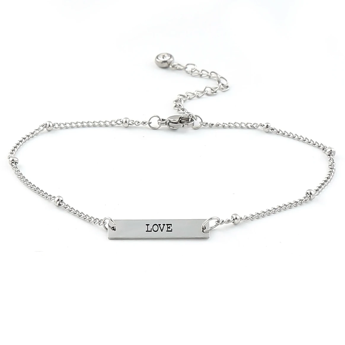 Minimalist Letter Engraved Love Bar Ankle Bracelet Stainless Steel Beaded Foot Chain Crystal Extension Charm Jewelry Gifts
