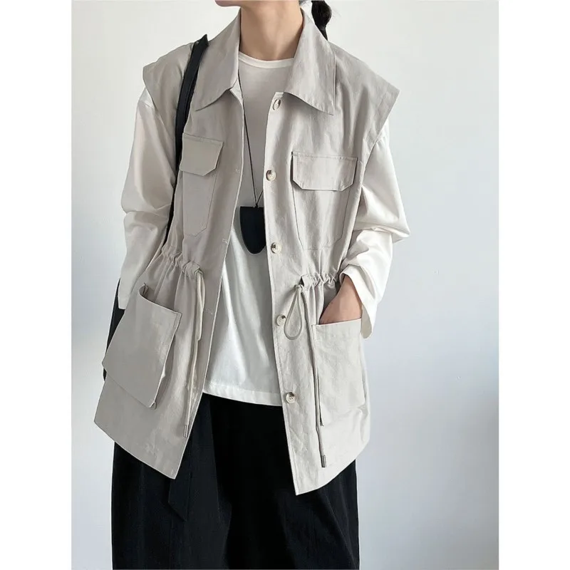 

Johnature Women Work Vest New Autumn Style Drawstring Waist Pocket Sleeveless Casual Versatile Jackets