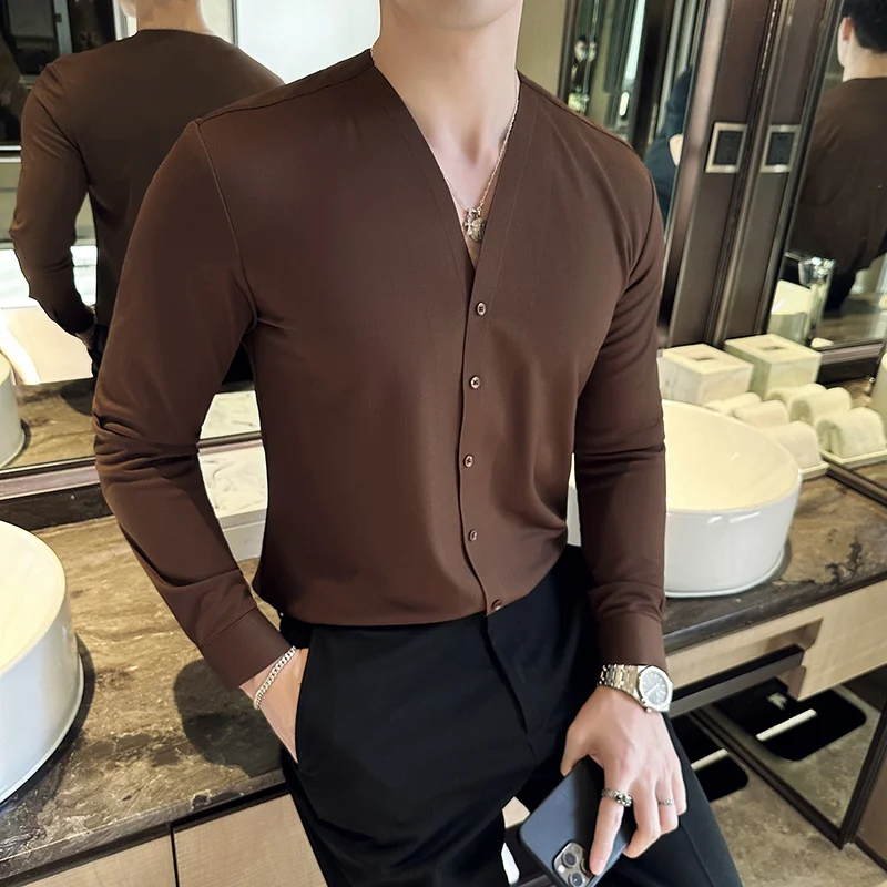 Long Sleeve Shirts For Men Clothing High Quality Collarless Men's Shirts Luxury Drape Traceless Gluing Social Shirt Dress Blouse