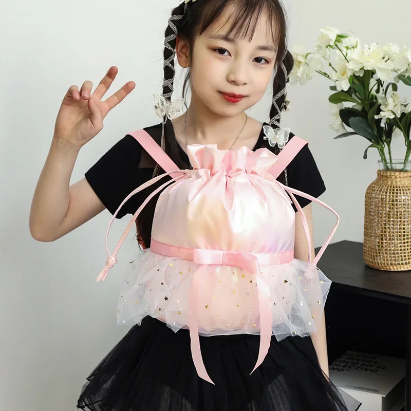 Kids School Backpack Sweet Ruffled Edge Girls Bowtie Ballet Drawstring Bag Children's Fashion Dance Causal Kindergarten Backpack