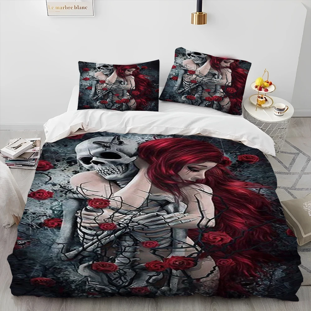 3D Horror Gothic Female Skull Dead Girl Comforter Bedding Set,Duvet Cover Bed Set Quilt Cover Pillowcase,Queen Size Bedding Set