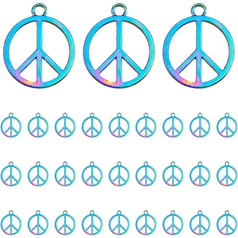 30Pcs Love Peace Sign Pendants Alloy Charms Peace Symbol Charms Rainbow Color Ring with Peace Sign Pendants Hippie Charms