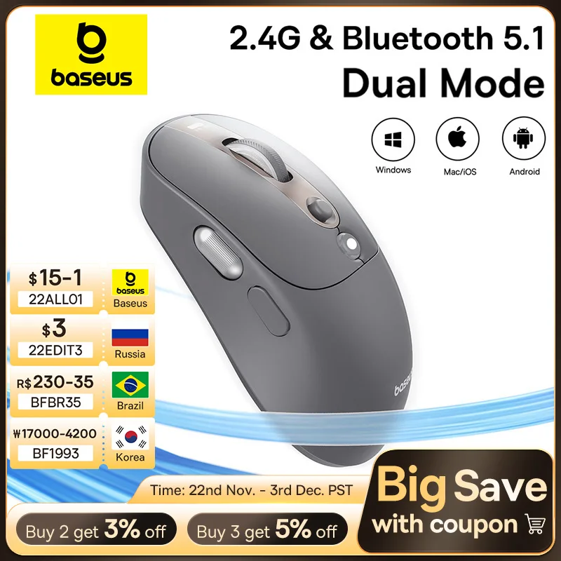 Baseus Wireless Mouse Editor Pro Bluetooth 5.1 Dual Mode Long Battery Life Rechargeable Office Ergonomic Screen Display Mouse