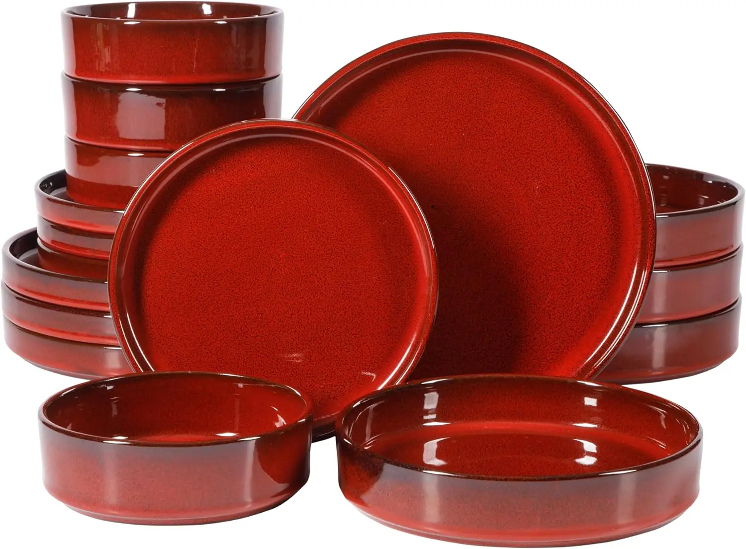 Favorite Things - Santorini Mist Double Bowl Terracotta Reactive Glaze Plates and Bowls Dinnerware Set - Garnet Red, Service for