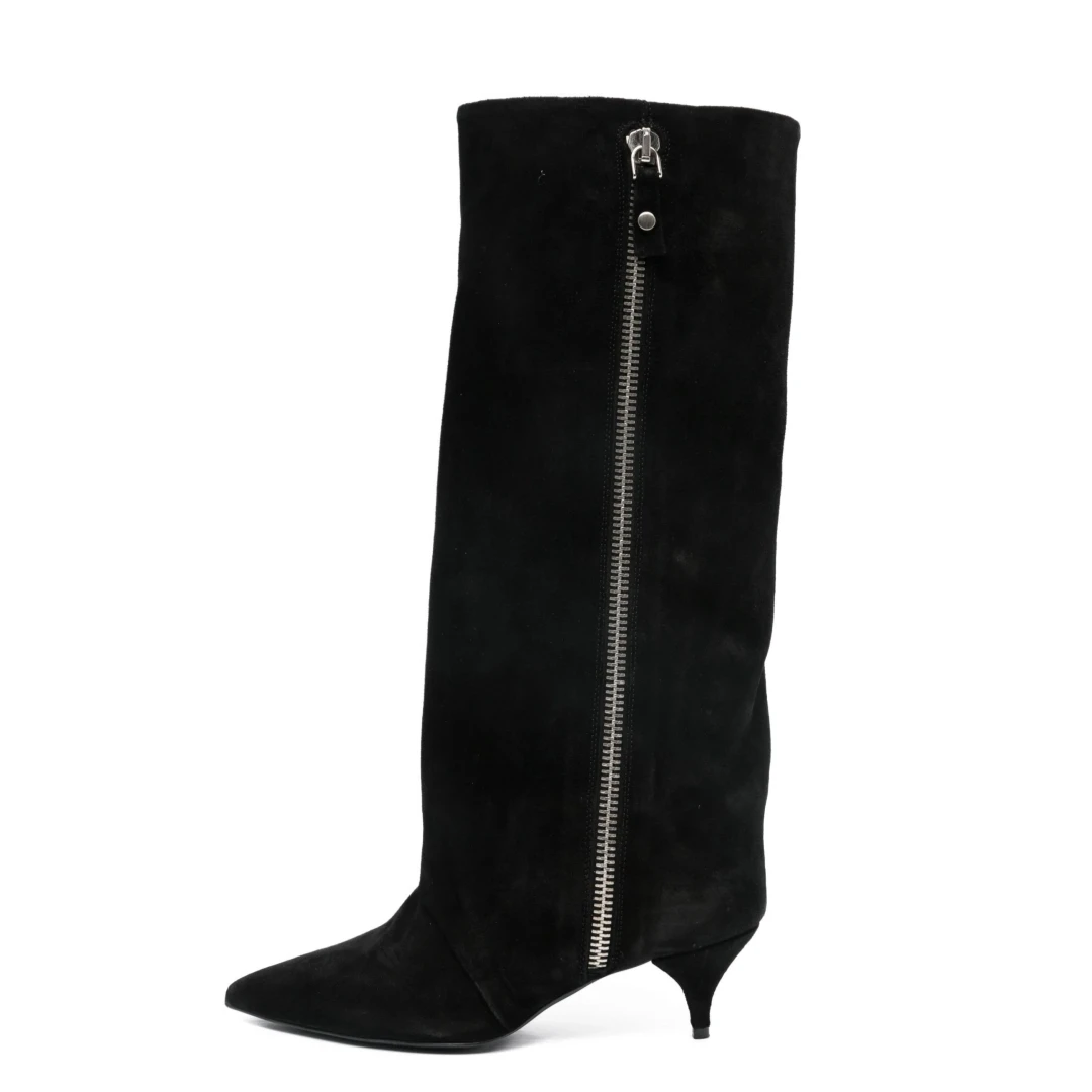 Elegant Urban Women Suede Knee High Boots Pointed Toe Kitten Heel Slouchy Cylinder Shape for Casual and Night‑Out Styling
