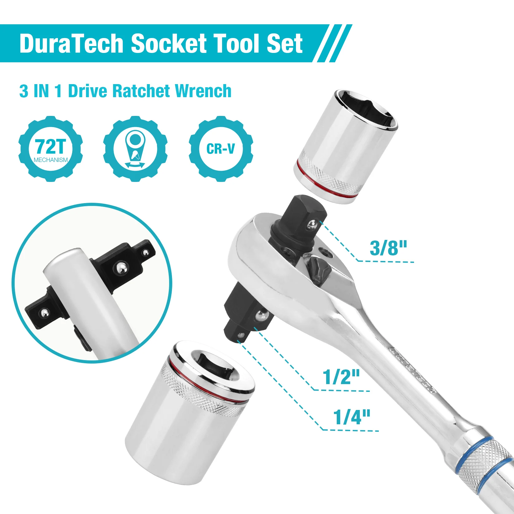 DURATECH 드라이브 소켓 세트, 3 in 1 래칫 핸들, 1/4 인치, 3/8 인치, 1/2 인치 드라이브 소켓, 자동차 수리 및 가정용 도구, 24 개