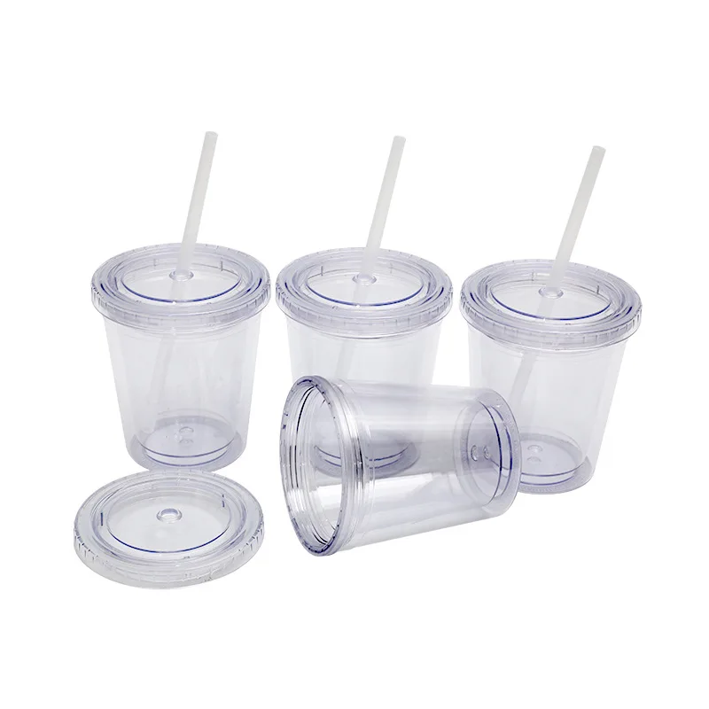 Plastic Double Wall Tumbler Cup with Straw, Black and Green Lid, Flat Lid, 350ml, 12oz, New, 2024