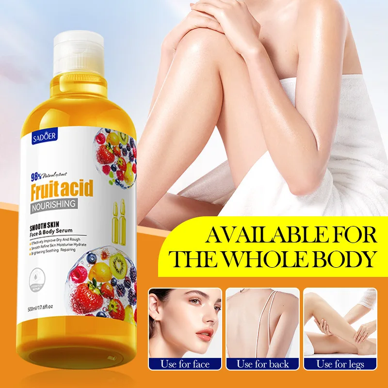 Sérum Facial de Ácido Frutal 500ml com Cereja e Vitamina C, Essência Corporal Iluminadora, Esfoliante, Redutora de Poros, Hidratante e Suavizante para