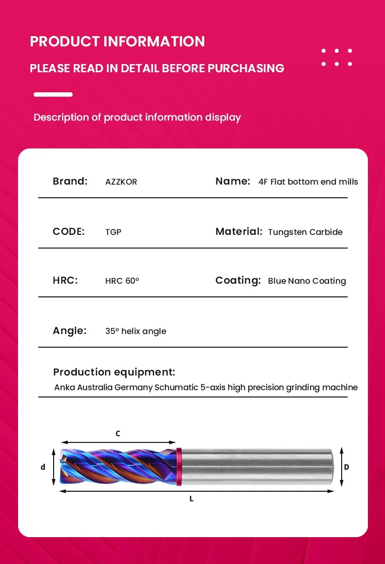 AZZKOR 4F Schaftfräser mit Farbring, blauer Nano-Beschichtung, Hartmetall-Wolframstahl, Flachboden-Fräser für CNC-Maschinen, TGP-HRC70 – Detail 16