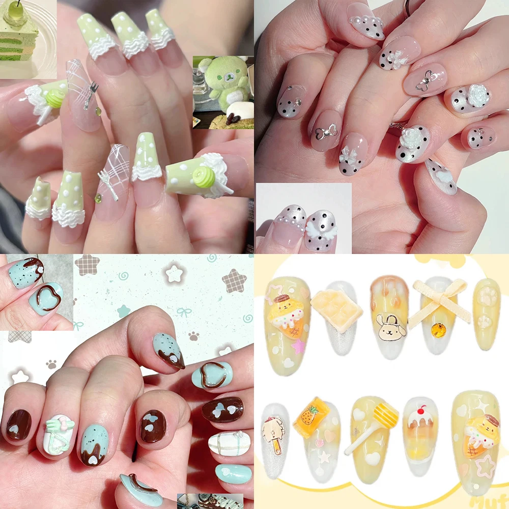 

Cartoon Kawaii Hello Kitty Pom Pom Purin Handmande Full Cover Nail Pearl Bow Flower Shining Diamond Stars Candy Wings Fake Nails