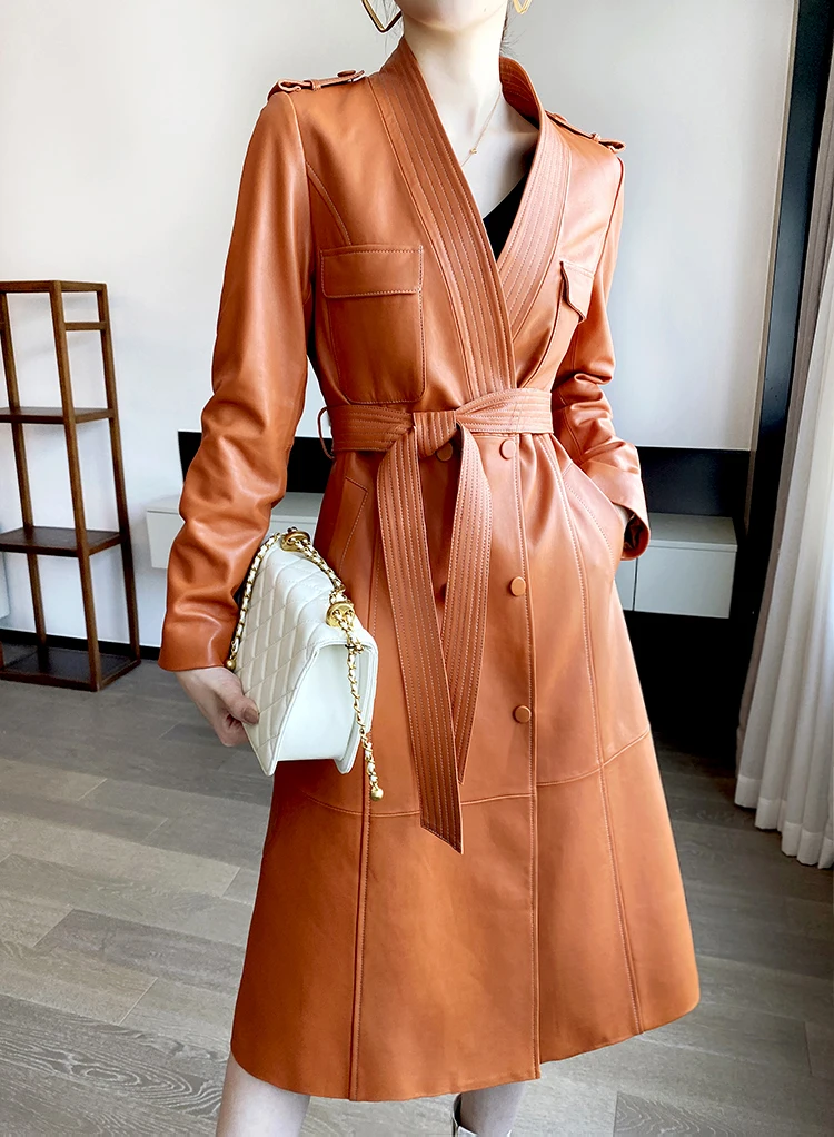 Leather Trench Coat for Women 2024 Orange V-neck Double Breasted Belt Lace Up Slim Warm Long Windbreaker Manteau Femme Hiver