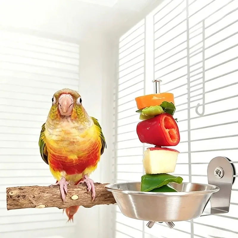 Edelstahl-Vogel-Fruchtgabel & Gemüse-Fütterungshaken, Fruchthalter und Anti-Verschütt-Schüssel, Vogelkäfig-Zubehör für Papageien – Detail 6