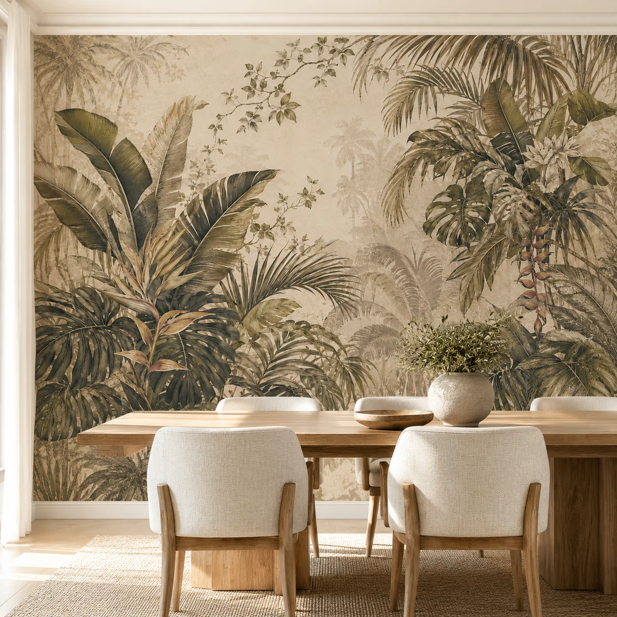 Vintage Tropical Jungle Mural Wallpaper Palm Banana Leaves Botanical Wall Art Beige Dining Room Non Self Adhesive Glue Required