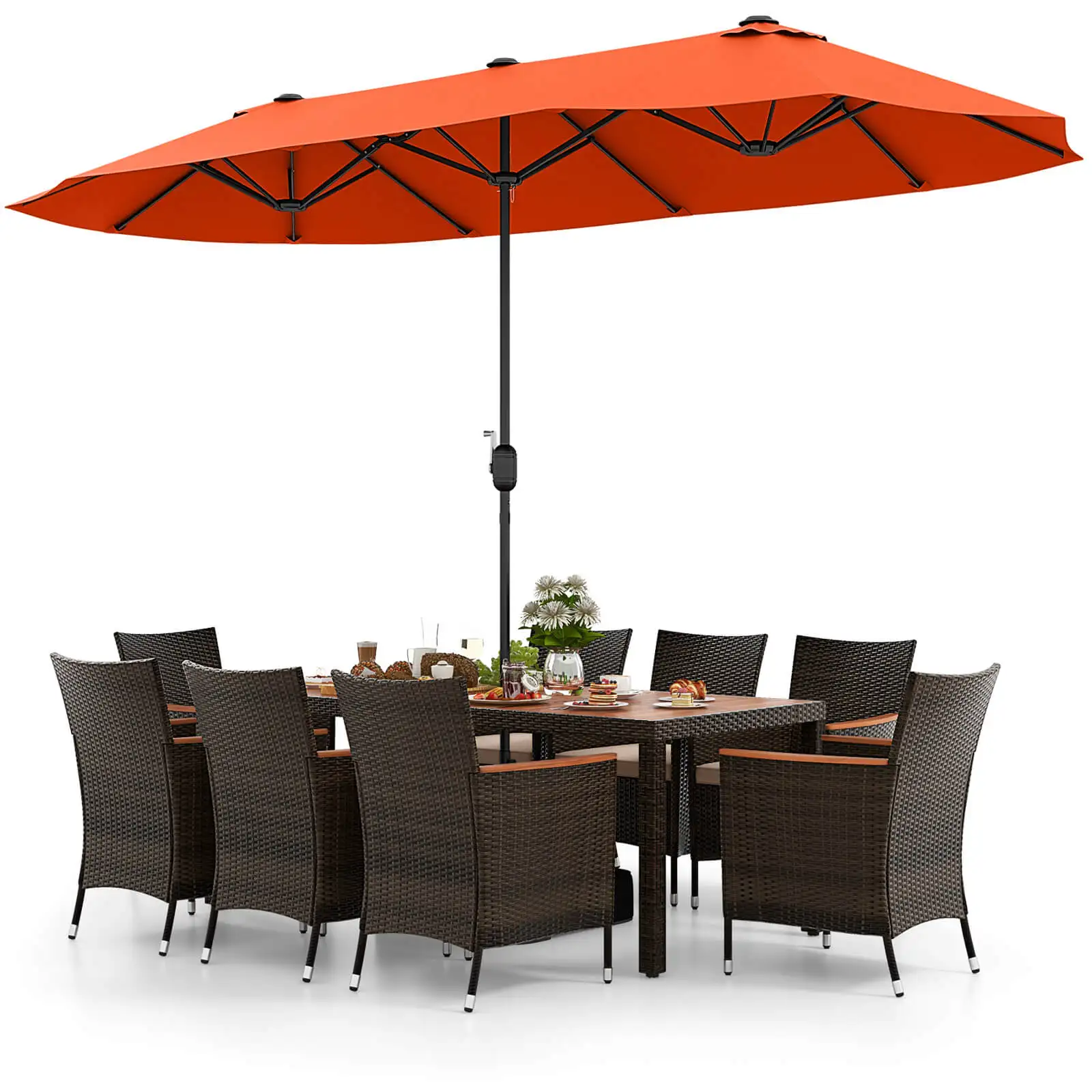 

9 PCS Patio Wicker Dining Set with Double-Sided Outdoor Umbrella 8 Stackable Chairs Orange