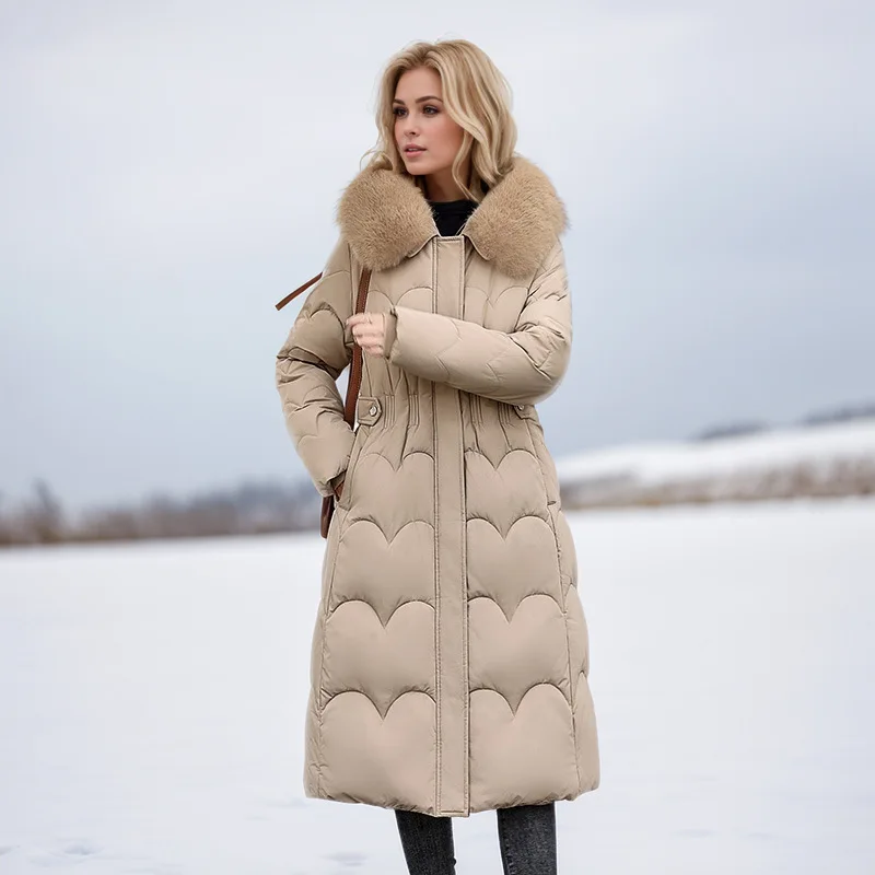 KIDCRKJ Heavyweight Lady's Winter Coat Waist-cinching Luxury Fur Collar Female's Padded Coat Long Over-the-knee Jacket For Women