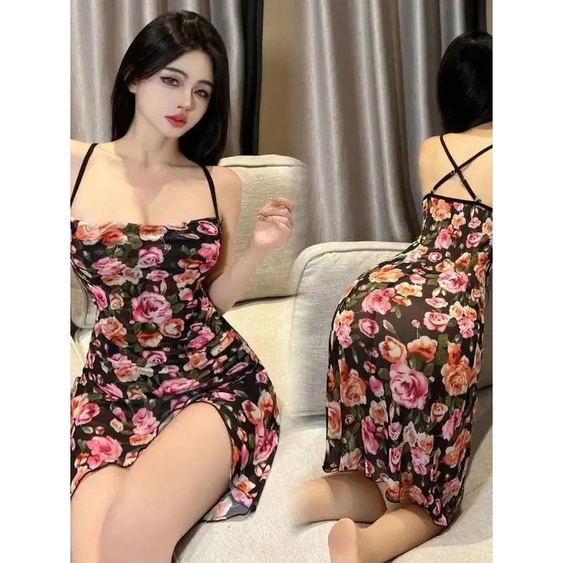 New Sexy Lingerie Mesh Printed Suspender Nightgown Hot Suspender Dress Elegant Tank Mini Dress Sweet Fashion Korean Women