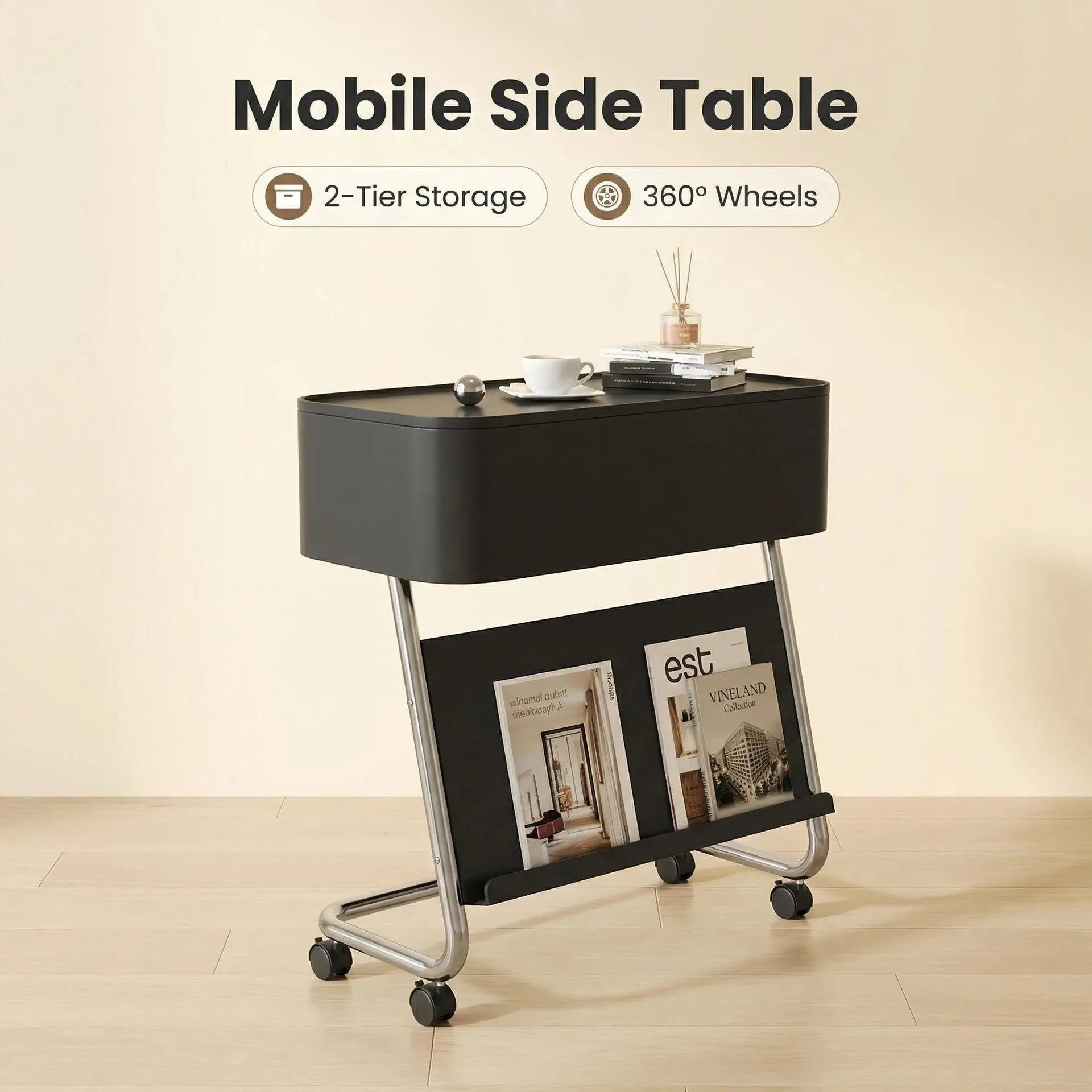 Multifunctional Cream Wind Bedside Movable Storage Cabinet Newspaper Bookshelf Sofa Side Table Used Cart, Small Coffee Tables