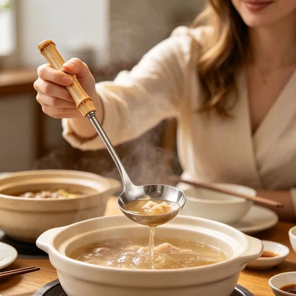 Stainless Steel Hot Pot Spoons Soup Ladle Colander Set Stainless Steel Hot Pot Spoon with Heat Resistant Bamboo Handle Mirror