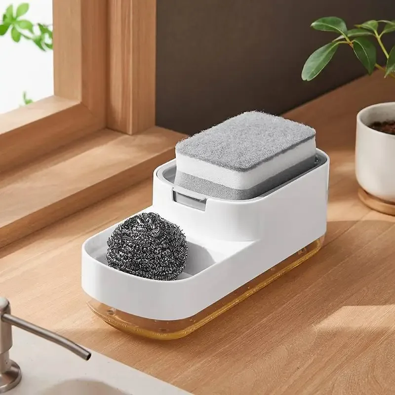 2In1 Portable Dish Soap Dispenser Liquid Soap Pumps Container Detergent Press Box with Sponge Kitchen Bathroom Washing Accessory