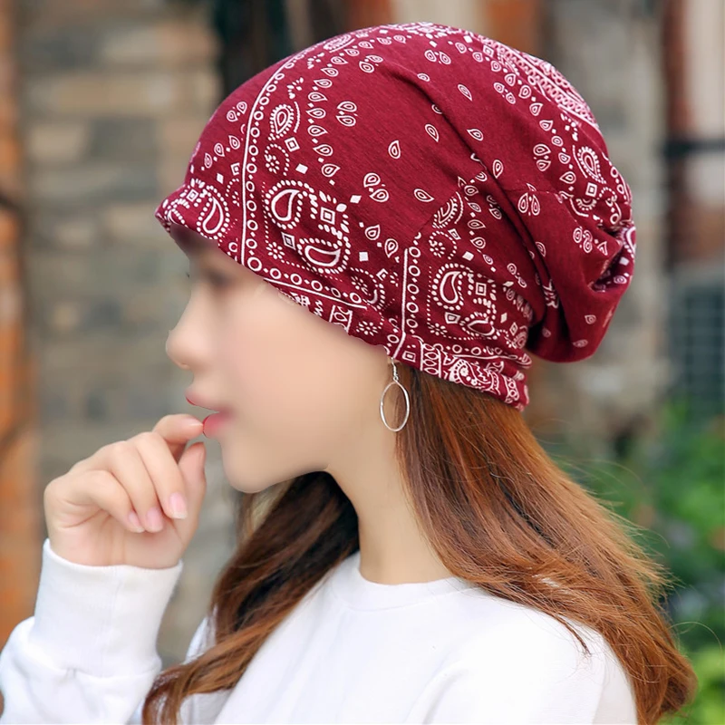 Printed Soft Pullover Hat Ethnic Style Series Windproof Cashew Nut Flower Maternity Hat Pile Hat Scarf Dual-Purpose Women