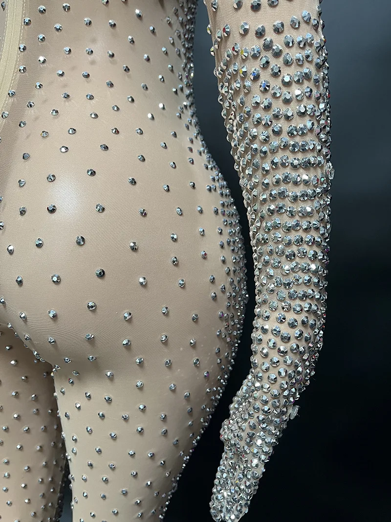 2023 Op Maat Gemaakte Nieuwe Lange Mouw Strass Hoge Elastische Pailletten Sexy Strakke Jumpsuit Verjaardagsfeestje Lange Jurk Prestatie Jurk