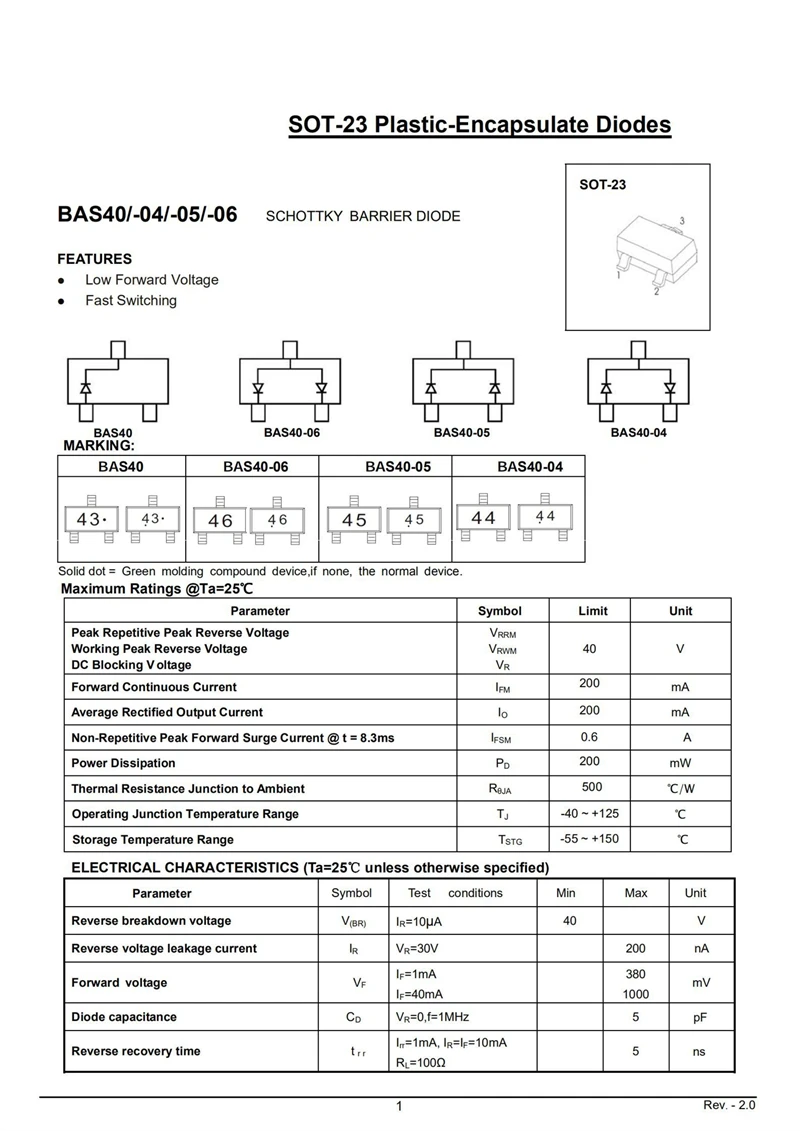 (50pcs) BAS40 43 BAS40-06 46 BAS40-05 45 BAS40-04 44 SMD Triode SOT-23 Schottky