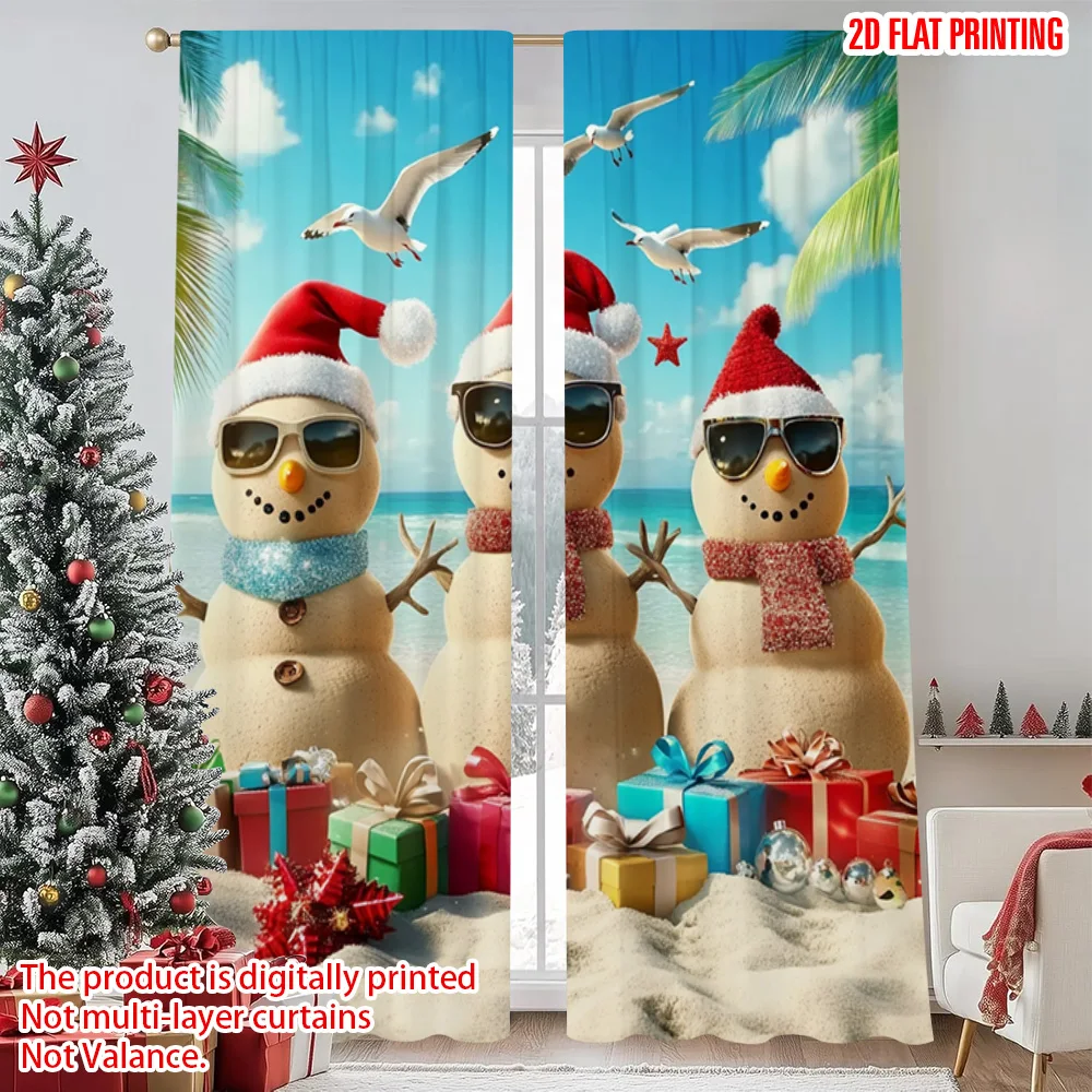 

2pcs 2D flat printing Merry Christmas Popular Window Curtains Tropical Beach Snowman Durable 100% Polyester Fabric Without