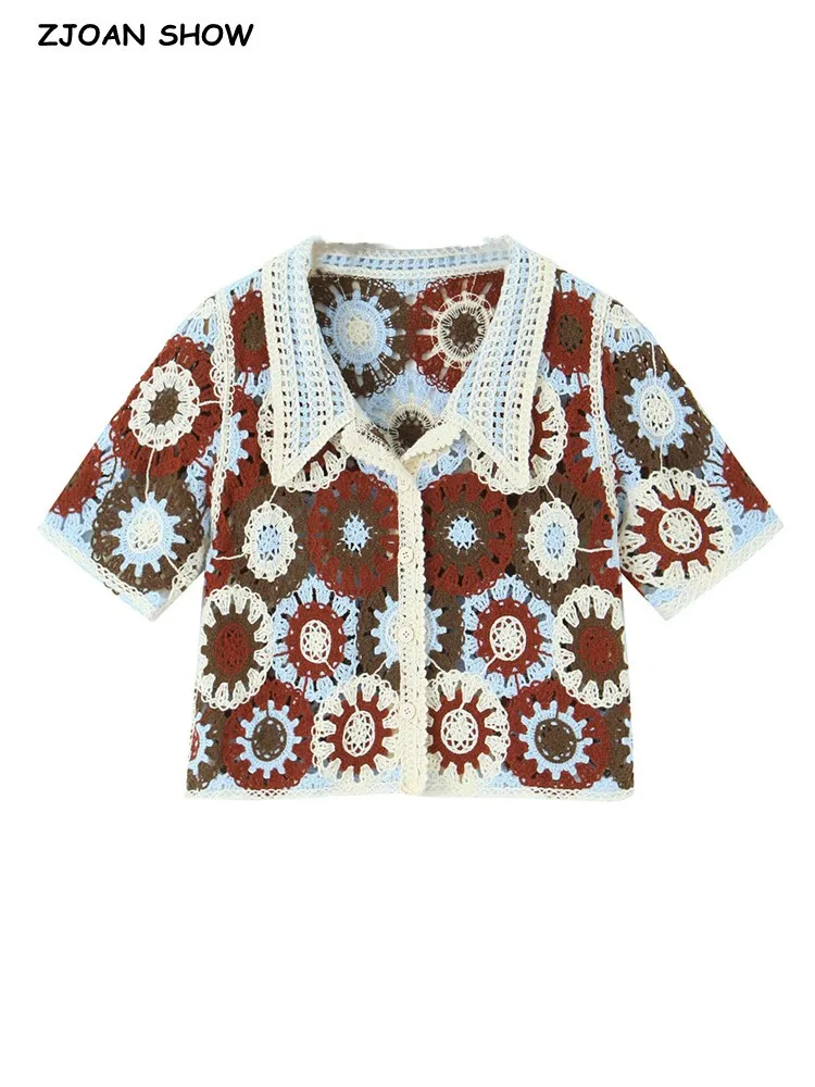 2023 BOHO Handmade Hollow Out Crochet Geometric circle Flower Short Sleeve Cardigan Women Summer Holiday Lapel Sweater Crop Tops