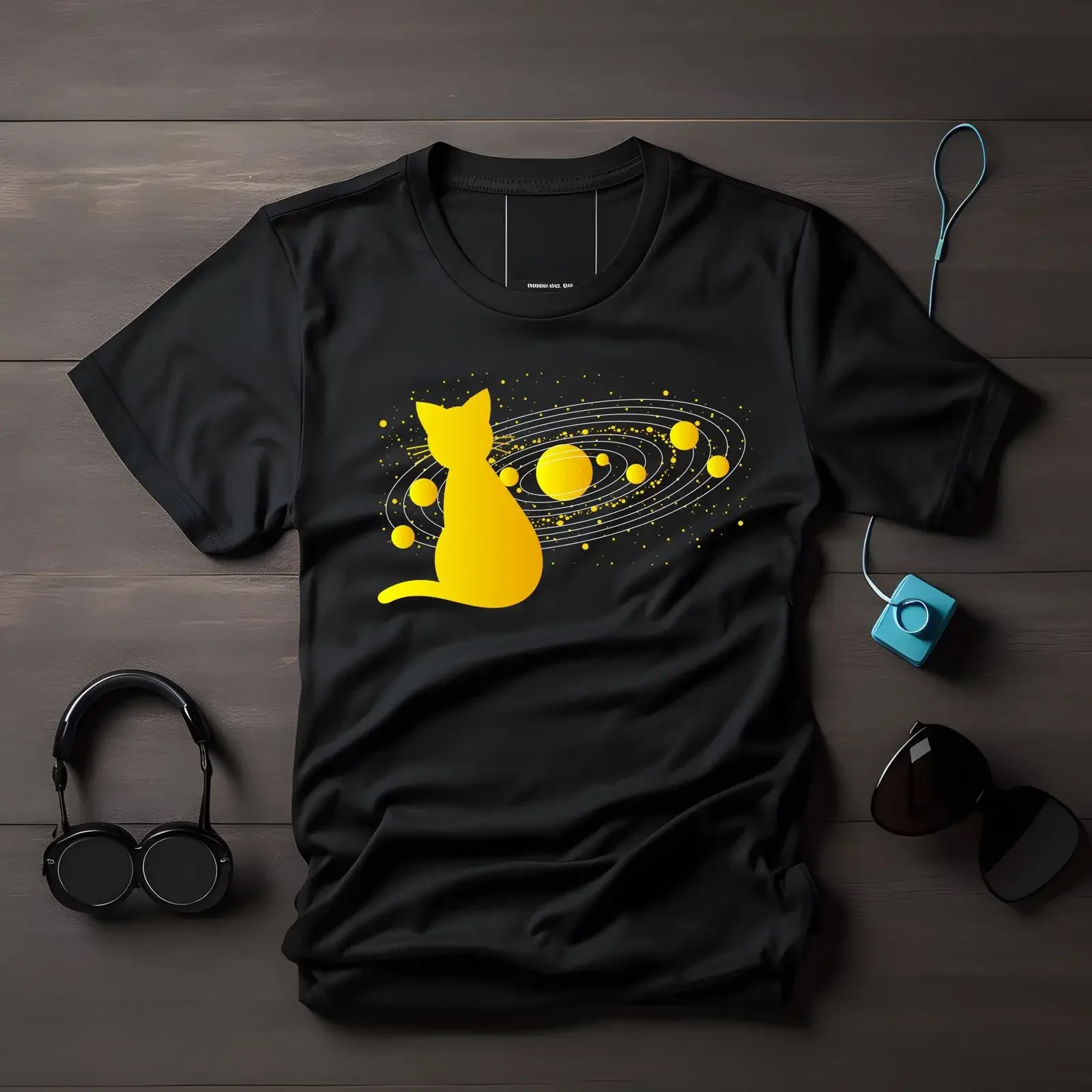 Yellow Cat in Space T Shirt Staring at Planets Astronaut Design Funny vintage Washed Stretched homme designer clothes Soft