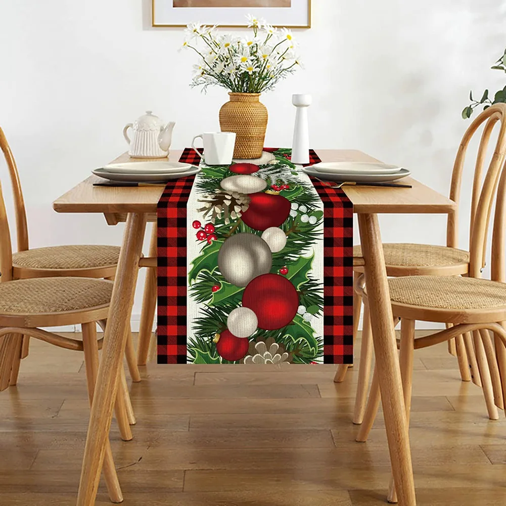 Camino de mesa navideño a cuadros rojos y negros de lino, Decoración de mesa navideña de temporada de invierno, 72 pulgadas de largo