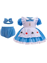 Three-piece baby girl Halloween theme blue short-sleeved dress with poker print for parties, birthdays or photo shoots