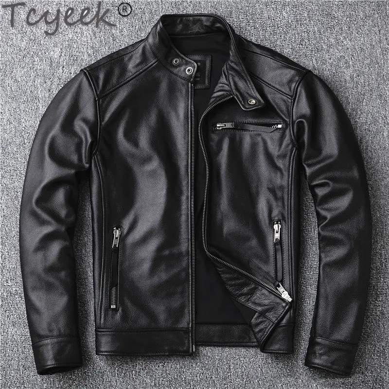 

Tcyeek Genuine Leather Jacket Man Short Stand Collar Coats Men Clothing Spring Autumn Real Cow Leather Jackets Veste Homme LM