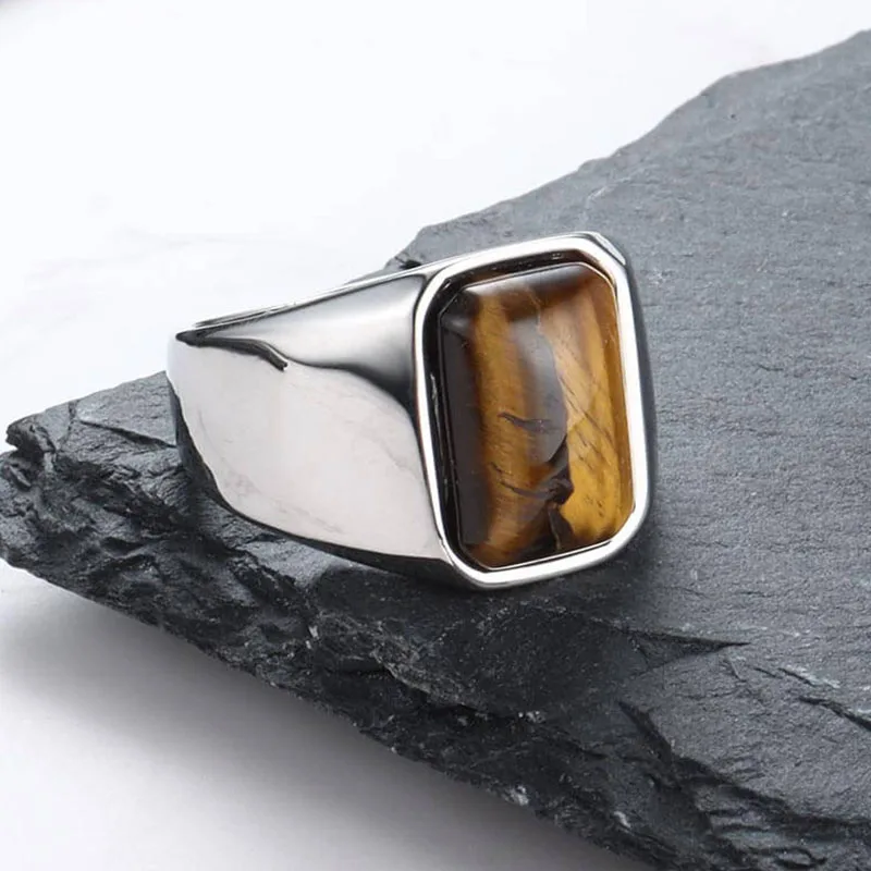 Achezon Classic Square Natural Tiger Eye Rings for Men Male Simple Vintage Stainless Steel Wedding Bands Jewelry Accessories