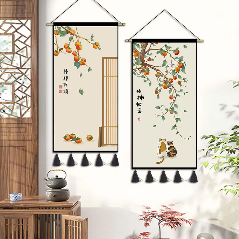 Chinese Style Scroll Paintings Persimmon Room Decor Aesthetic Wall Art Poster Living Room Home Decoration Wall Hanging Tapestry