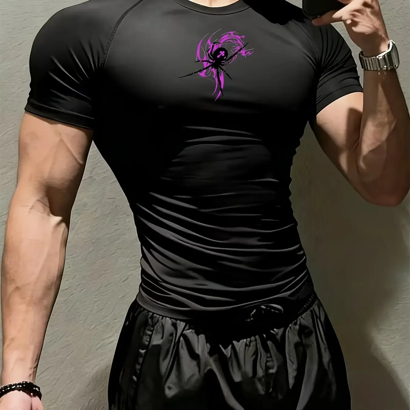 New Men's and Women's Fitness Clothes, Purple Spider Pattern Print, Moisture Wicking, Elastic Quick Drying Breathable Fabric