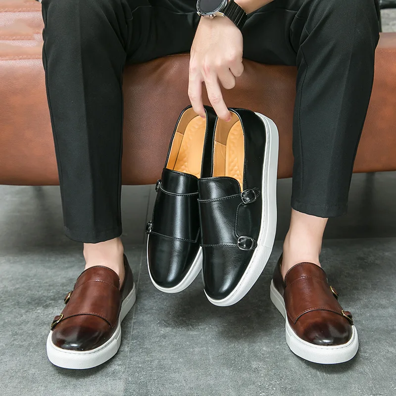 

Fashion Man Casual Shoes Leather Men's Retro British Style Loafers Slip-on Outdoor Flats Double Monk Business Daily Shoe
