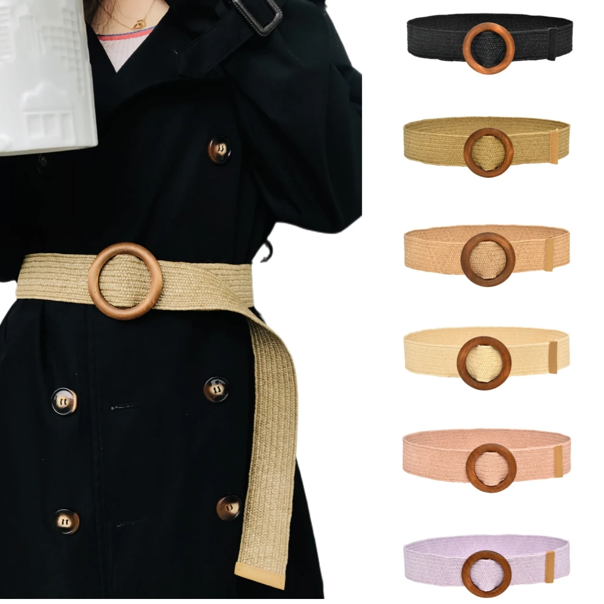 

Fashion Boho Ladies Braided Skinny Dress Belt Woven Elastic Stretch Waist Belts for Women Wooden Buckle Waist Skinny Band