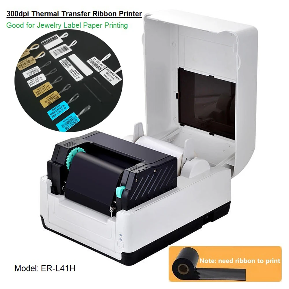 Jewelry label printer 300dpi ribbon printer 4 inch thermal transfer barcode label printer for PET label paper printing