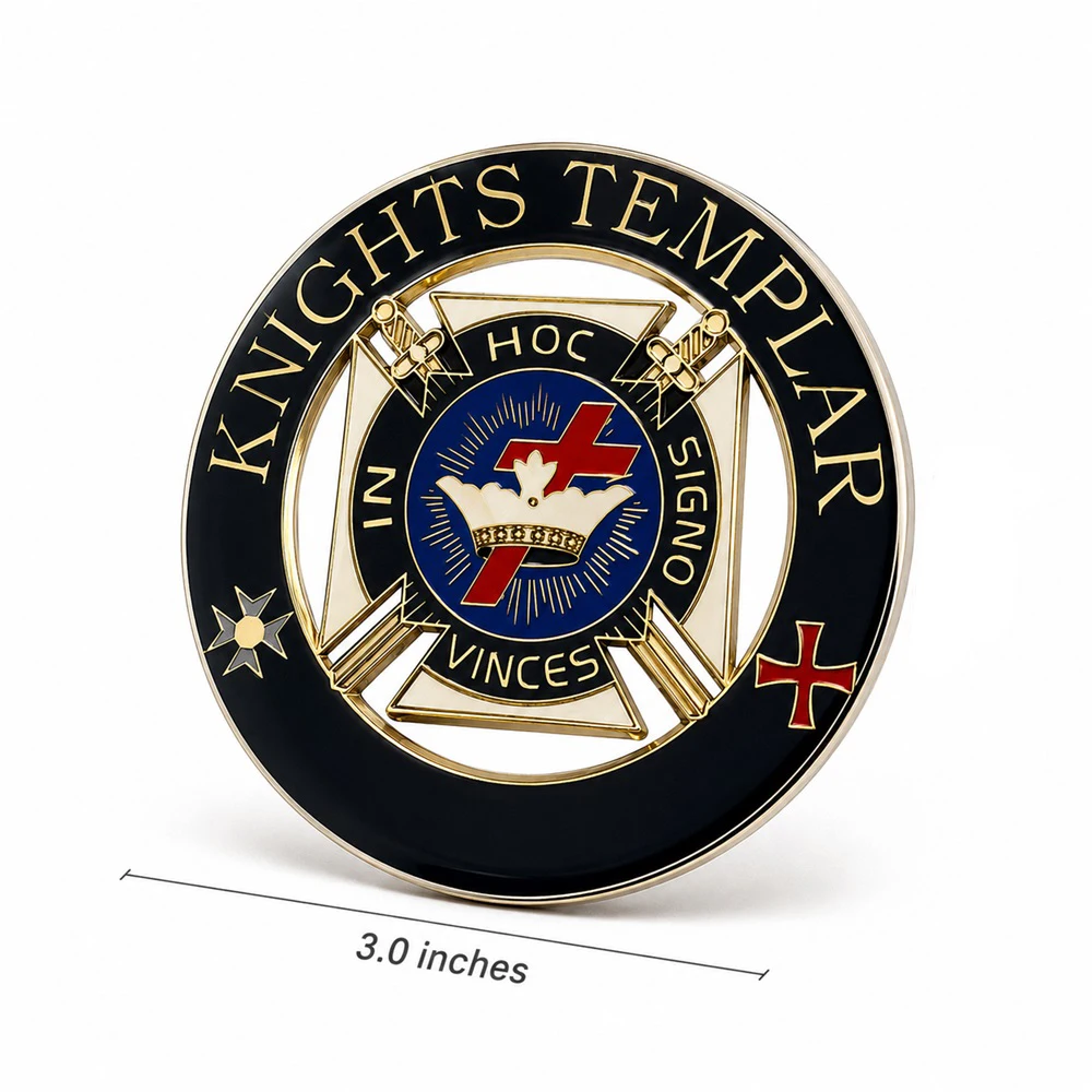 Kinghts Templar Masonic Car Emblem Metal Gold Plated Freemason Symbol Car Badge Sticker with Red Adhesive,3 Inches