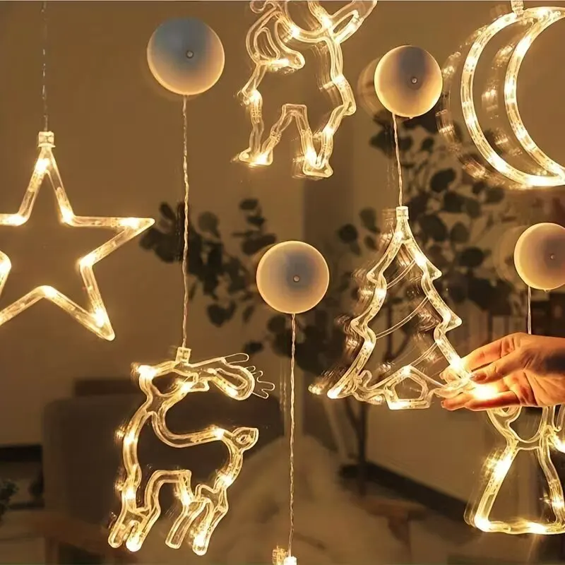 1PC Christmas Suction Cup String Lights Indoor Battery Operated Warm White LED Lights Xmas New Year Winter Window Decorations